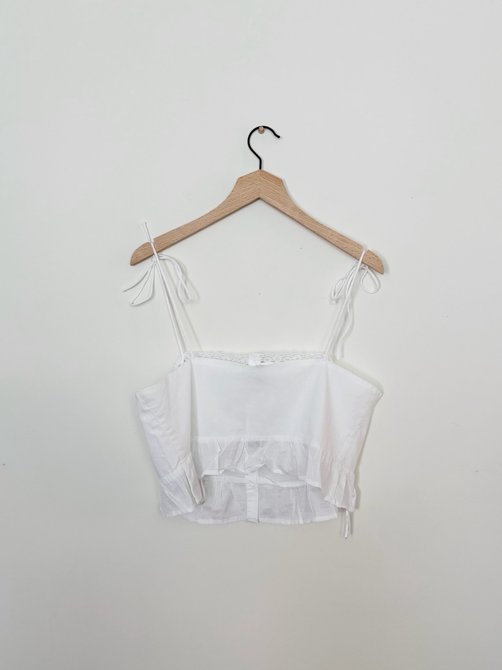 H&M Lace Ruffle-trimmed Shoulder-tie Pleated Cotton Cami in White Size Medium - Picture 7 of 9